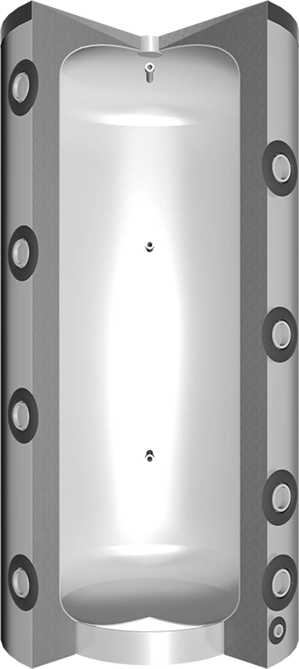 Vertikaler Pufferspeicher von Juratherm mit gewölbter, glatter Oberfläche und mehreren Anschlüssen zur Wärmeübertragung.